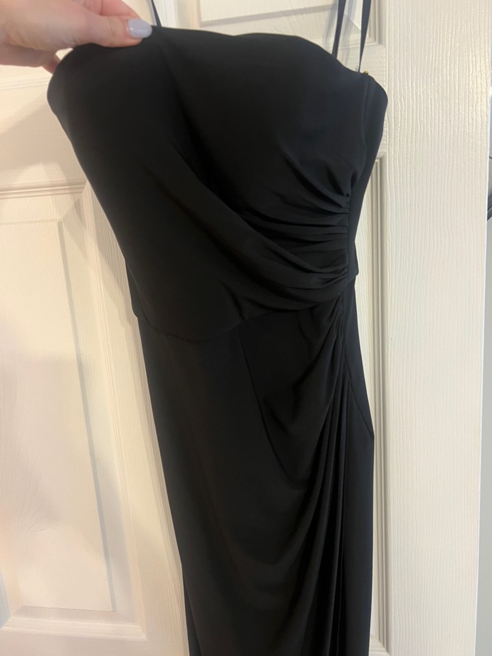 La Femme Black Strapless Draped Evening Gown
